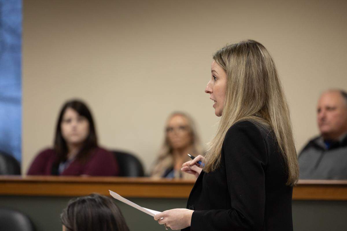 Madison County Assistant State’s Attorney Lauren Maricle speaks before the court during Sammy Shafer Jr.’s pretrial detention hearing at the Madison County Criminal Justice Center on Feb. 5, 2025. Shafer is accused of hiring two men to murder his estranged wife’s girlfriend, Portia Rowland.