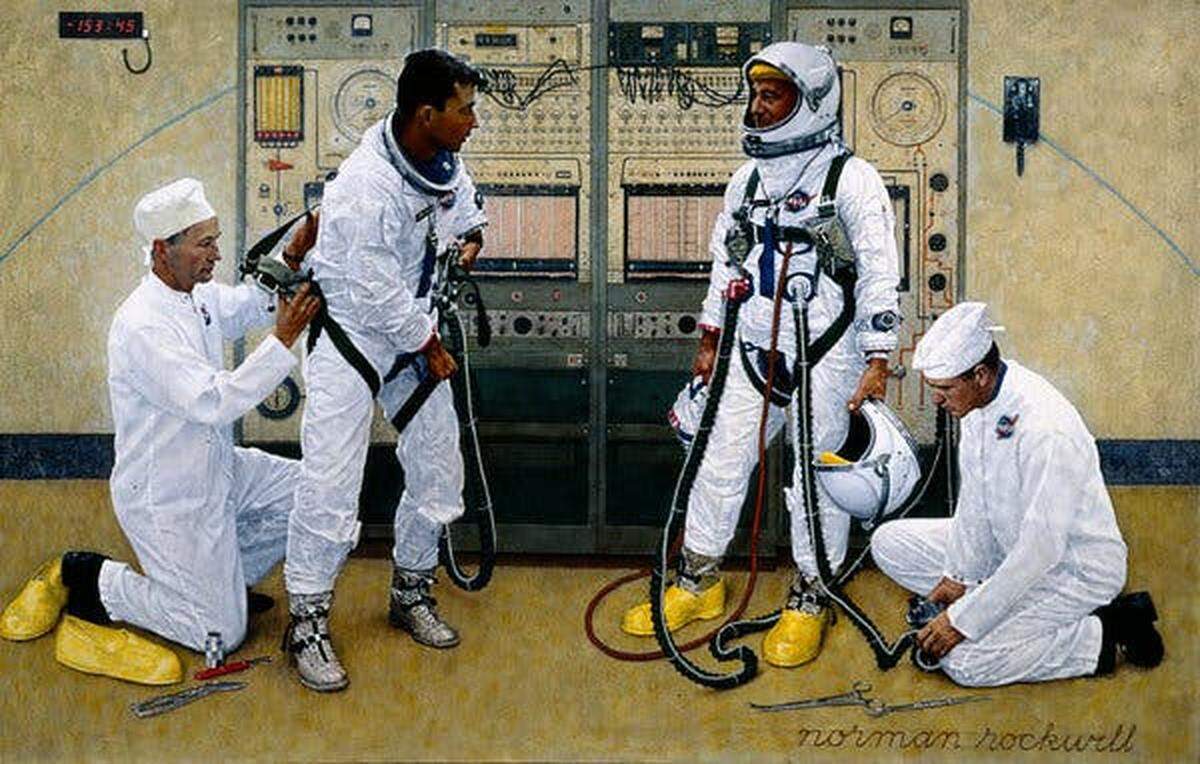 In Norman Rockwell’s 1965 painting “Grissom and Young,” the suit technician Joe Schmitt, far left, is depicted assisting the astronaut John Young while another technician, Alan M. Rochford, tends to Gus Grissom as they prepare for a Gemini mission space flight.