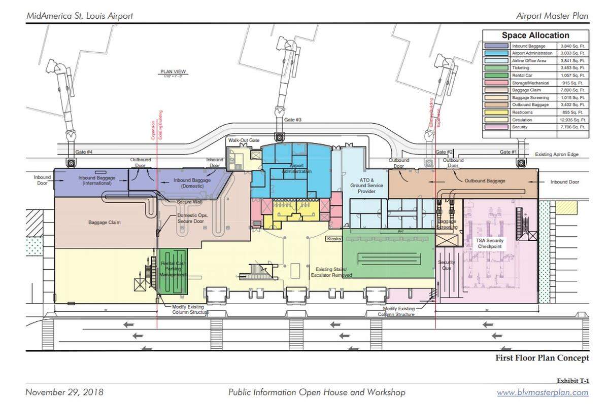 This concept shows a proposed design for renovations to the first floor of MidAmerica Airport. The renovations would nearly double the size of the facility, expanding to the side in each direction.