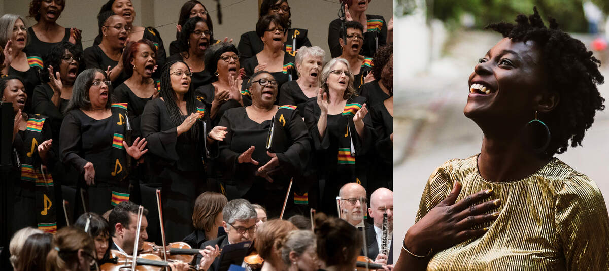 Nathalie Joachim (right) weaves stories from IN UNISON Chorus members into Family, a tribute to the ensemble, at Powell Hall May 6 & 7. www.slso.org