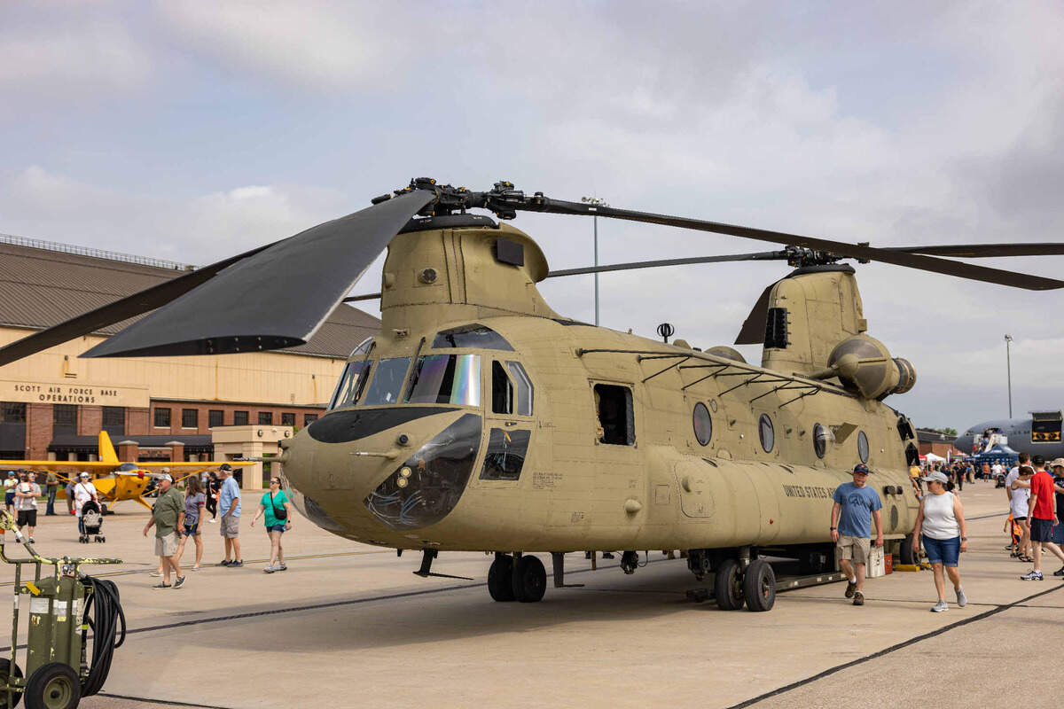 Pictured is a Chinook Helicopter during the Scott Air Force Base Airshow. The airshow, at SAFB for the first time since 2017, drew large crowds Saturday and Sunday. Among Sunday’s highlights was the Navy’s Blue Angels team, which wowed the crowd at Scott and people across surrounding communities as the fighters flew in tight formations and performed other amazing moves.