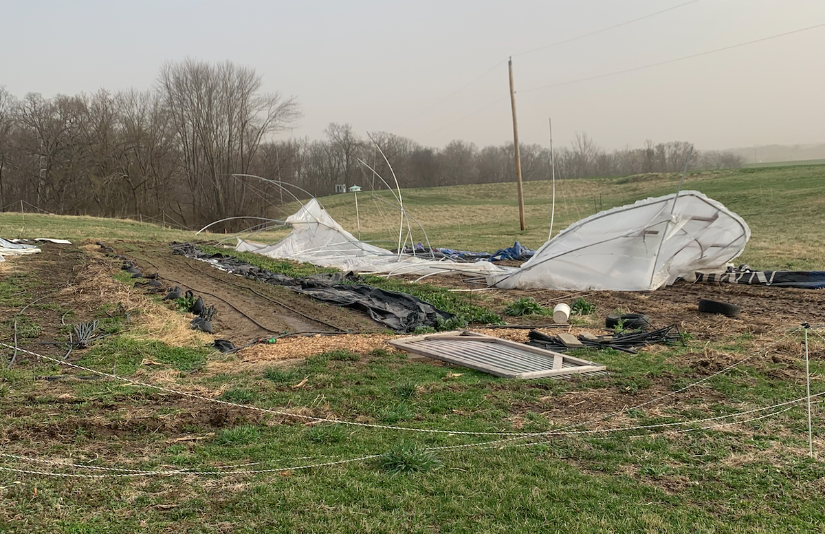 The greenhouse at Rumblin’ Ernie Farm in Columbia was taken out in a severe thunderstorm Friday.