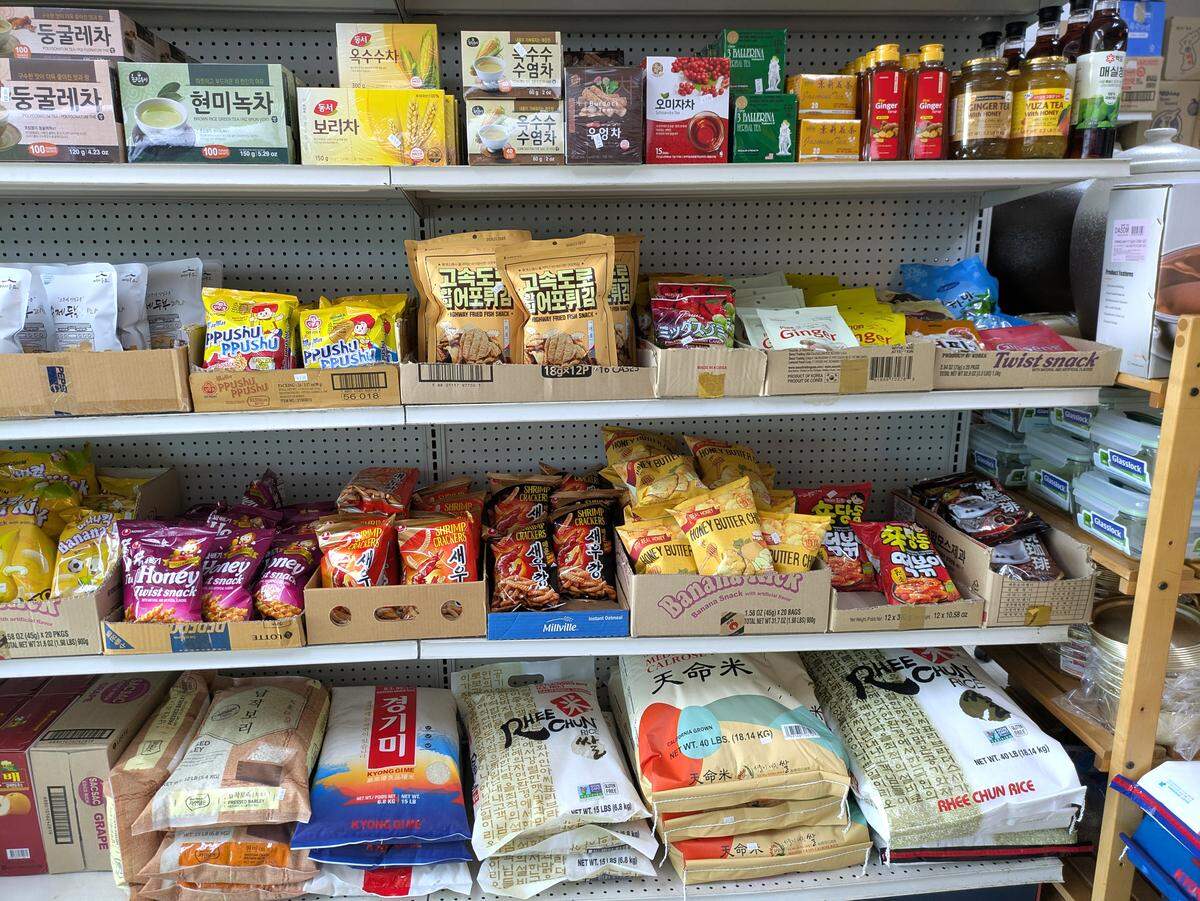 Teas, chips, rice and other goods at East Gate Grocery