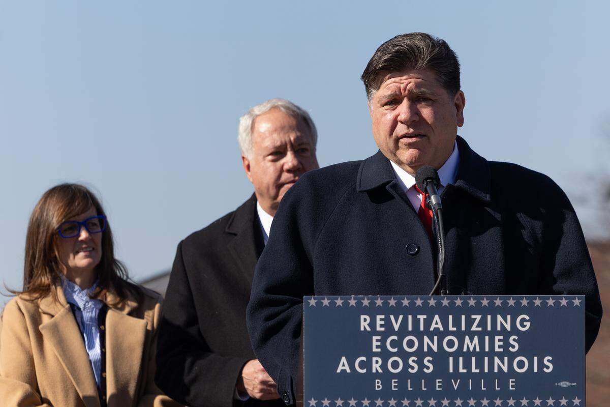 Illinois Gov. J.B. Pritzker speaks at a news conference in Belleville’s Public Square regarding the implementation of Sales Tax and Revenue, or STAR, bonds in southwestern Illinois. He was joined by State Reps. Jay Hoffman and Katie Stuart and other state and local officials.