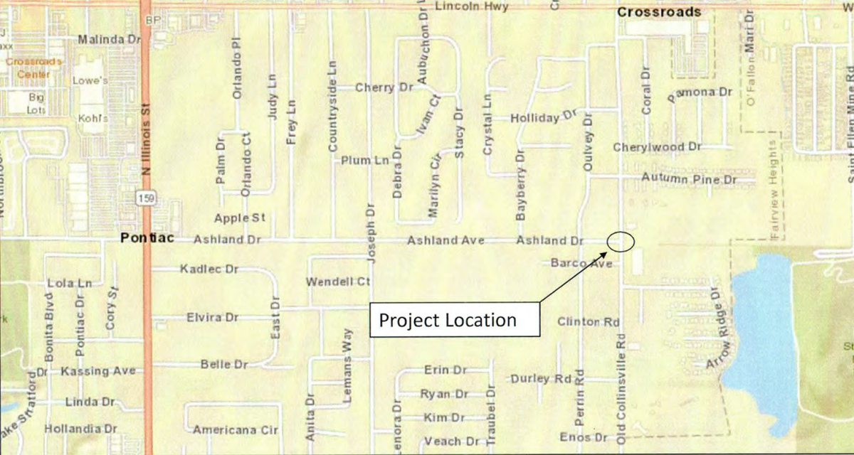 This map shows the intersection of Old Collinsville Road and Ashland Avenue where a new turn lane will be constructed.