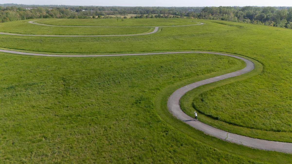 This drone photograph shows St. Ellen Mine Park in O’Fallon, Ill.