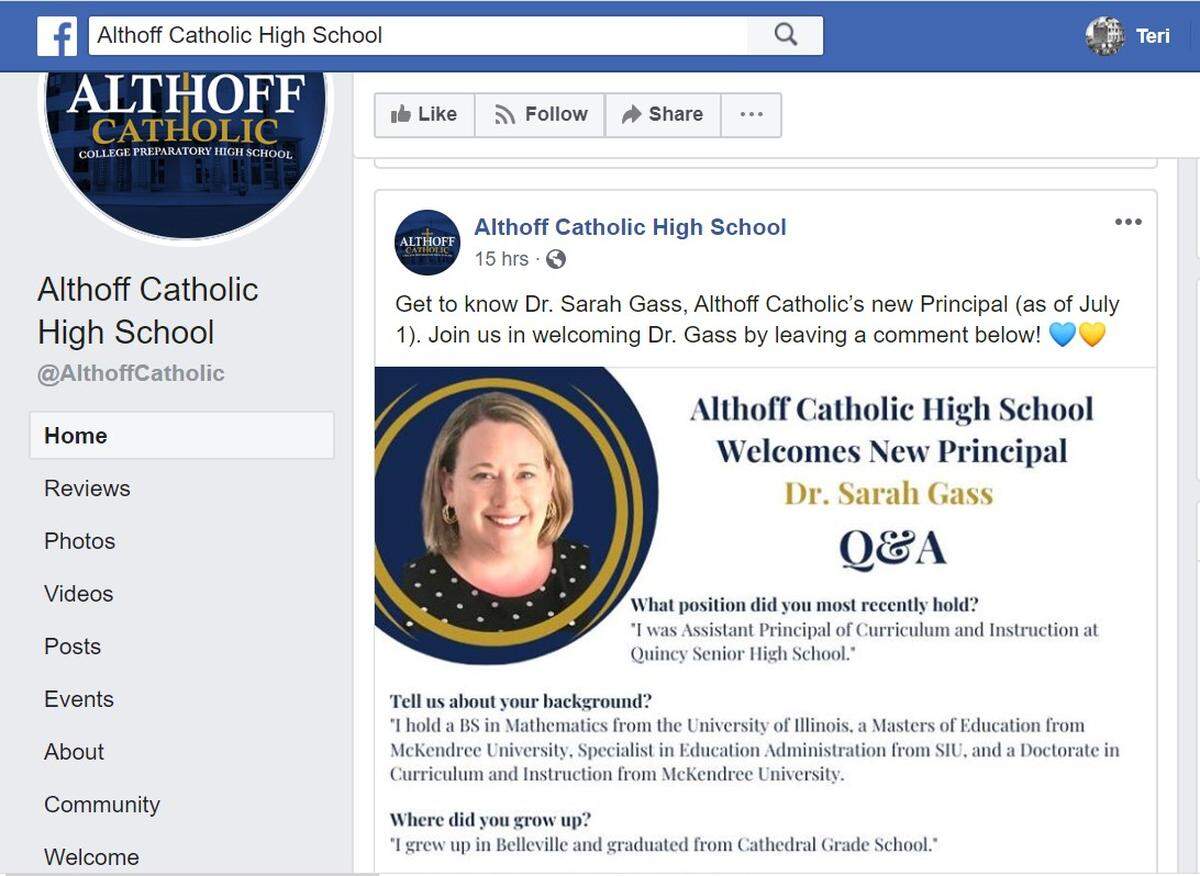 Althoff Catholic High School in Belleville announced the hiring of a new principal, Sarah Gass, with this post on its Facebook page late Sunday.