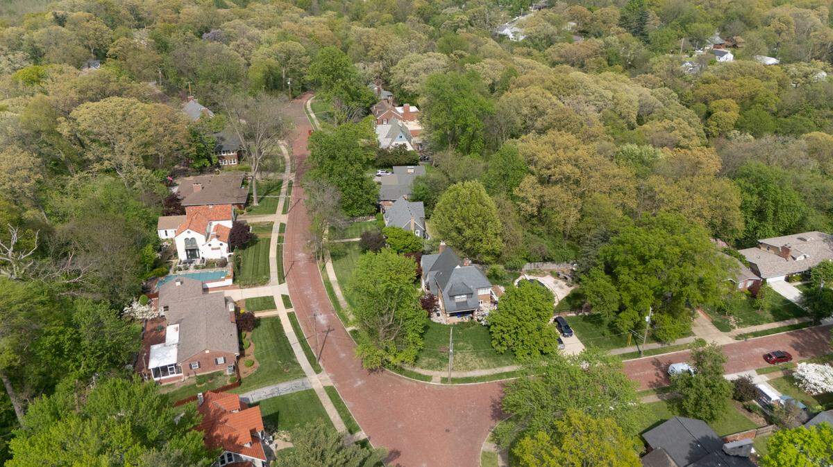 This drone photo shows Oak Knoll, off West Main Street at 85th Street in Belleville. Some residents are hoping the wooded subdivision will be designated as a historic district.