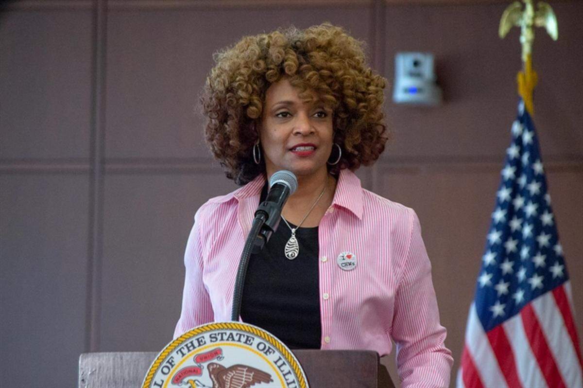 Rep. Camille Lilly, D-Chicago, speaks at a news conference in Springfield last year. She’s advocating for a bill this General Assembly that would require businesses to pay tipped workers the standard minimum wage.