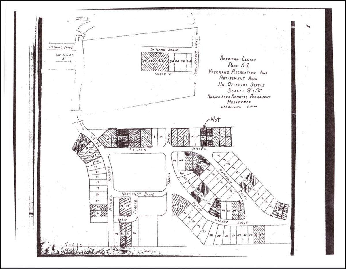 This map shows lots that were made available for clubhouses on George E. Hilgard American Legion Post 58 property in rural Freeburg as part of a Veterans Recreation and Retirement Association program.