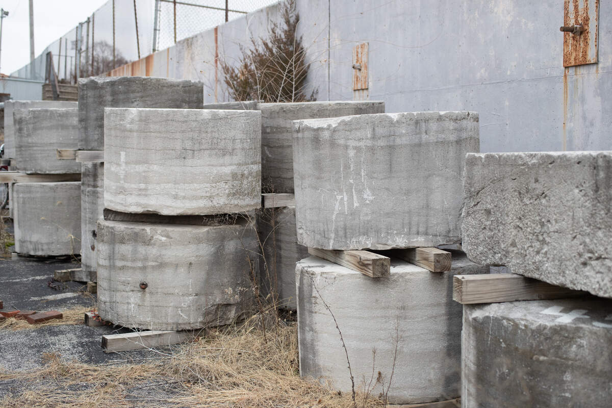 Sections of the columns from the former St. Clair County Courthouse are stored at the Belleville Parks and Recreation office on West Main Street.