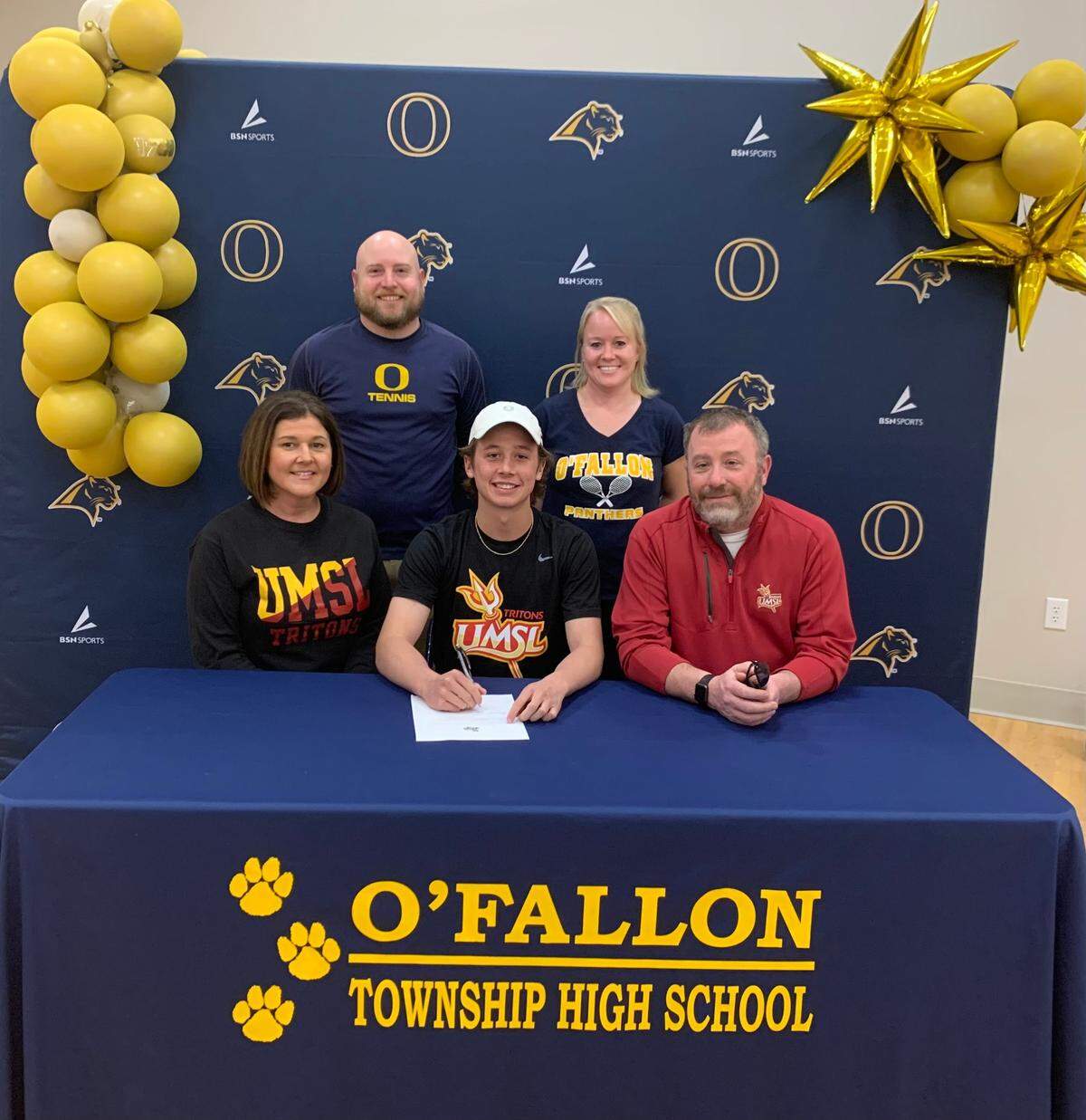 O’Fallon High School standout Gavin Sohn recently signed to play tennis for the University of Missouri St. Louis next year. Sohn, a senior, is the team captain this spring and the Panthers’ No. 1 player. “He works very hard and is determined. Congrats to Gavin!” Panthers coach Erin Thoman said. His parents are Dave and Melissa Sohn. Front row, from left, Melissa Sohn, Gavin Sohn and Dave Sohn; back row, OTHS assistant coach Doug Mennerick and head coach Erin Thoman.&nbsp;