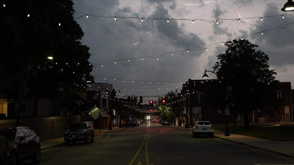 Looking down Main St. in Belleville as lightning crashes overhead Monday.