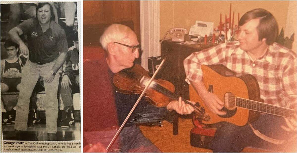 George Portz doubled as a Collinsville High School wrestling coach, as shown in the early 1990s news clipping at left, and a musician who learned to play fiddle from his grandfather, Perry Biggs.