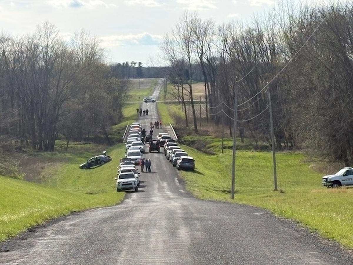 This shows the scene on Friday afternoon when police were searching for a missing woman in Madison County. Her abandoned car remained in a ditch on Keck Road about a mile east of Illinois 4 in St. Jacob.