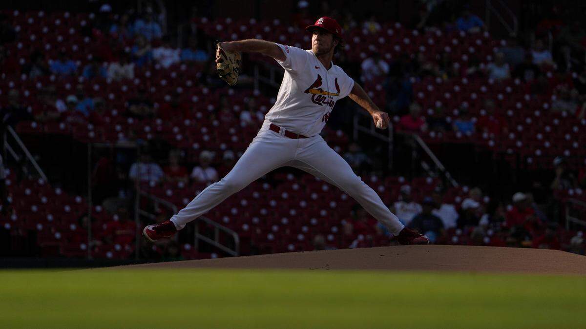St. Louis Cardinals starting pitcher Matthew Liberatore throws during the first inning of a baseball game against the Oakland Athletics Wednesday, Aug. 16, 2023, in St. Louis. (AP Photo/Jeff Roberson)