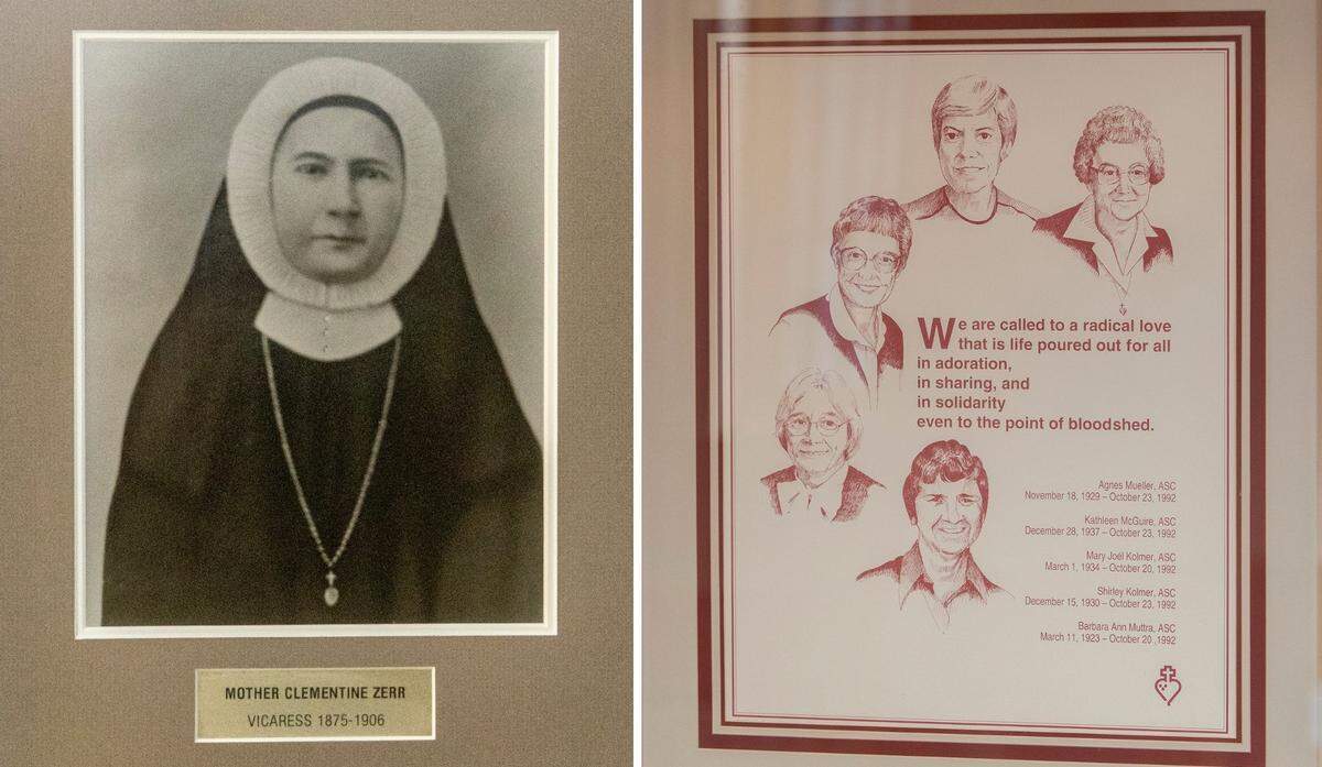 Sister Clementine Zerr, left, traveled from Germany and opened the Ruma convent of the Adorers of the Blood of Christ in 1876. A wall hanging in the lobby memorializes five nuns murdered in Liberia in 1992.
