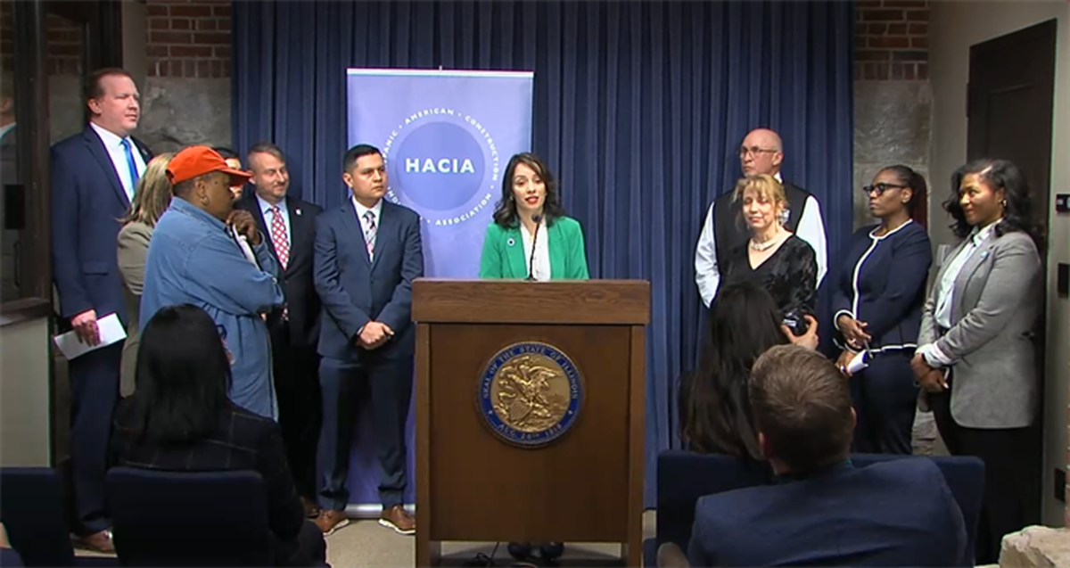 Republican lawmakers and minority contractor trade groups — including the Hispanic American Construction Industry Association, the Black Contractors Owners and Executives, and the Federation of Women Contractors — speak against House Bill 5412 at a news conference Thursday, March 10, at the Capitol.