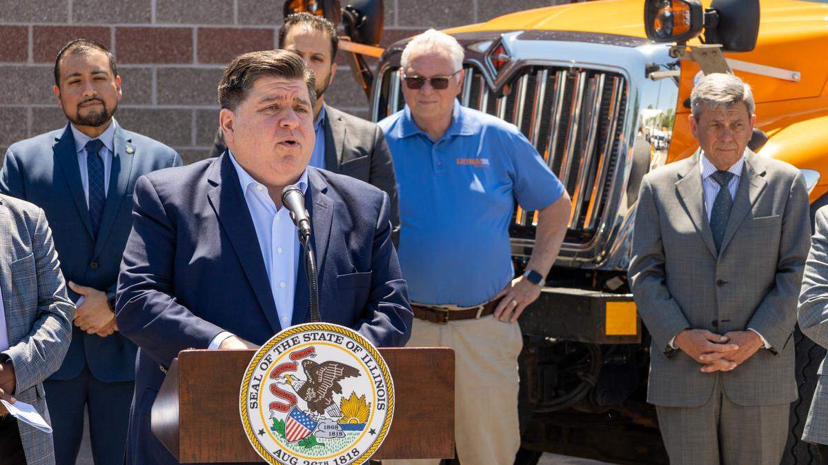 Gov. JB Pritzker speaks to reporters at a news conference on June 14. Pritzker said a recent U.S. Supreme Court ruling doesn’t affect Illinois’ ban on bump stocks and other firearm accessories.