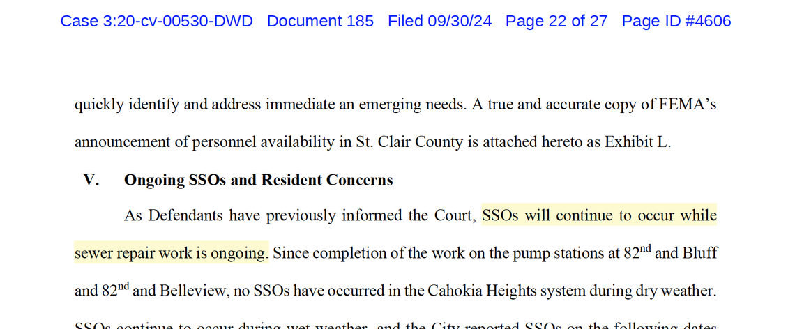 The city of Cahokia Heights statement, highlighted in yellow, that sanitary sewer overflows, which is when sewers release raw sewage, will continue during infrastructure repair work was included in a required progress update to the U.S. District Court for the Southern District of Illinois.