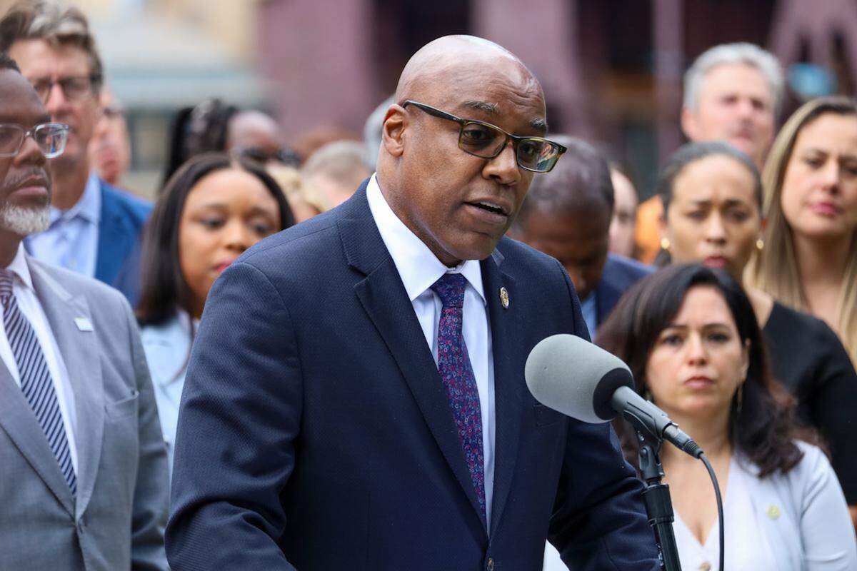 Illinois Attorney General Kwame Raoul, who has led more than three dozen lawsuits against President Donald Trump’s administration, criticizes the president’s threats to deploy military forces in Chicago on Aug. 25, 2025.