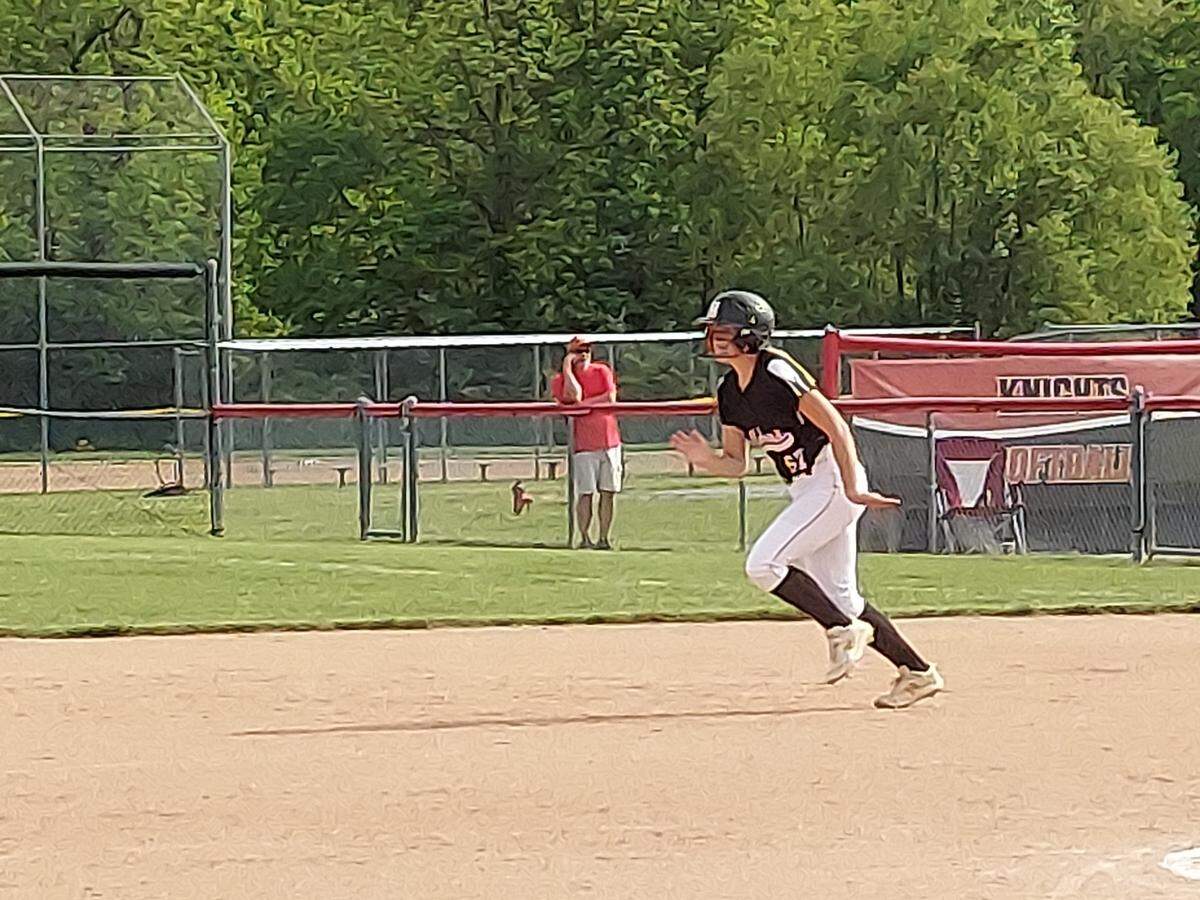 Highland’s Maci Miles takes off for second base during a Mississippi Valley Conference game against host Triad earlier this spring. Miles posted two hits and scored twice during a 7-1 win against Mount Vernon in the IHSA Class 3A Centralia Sectional semifinals.