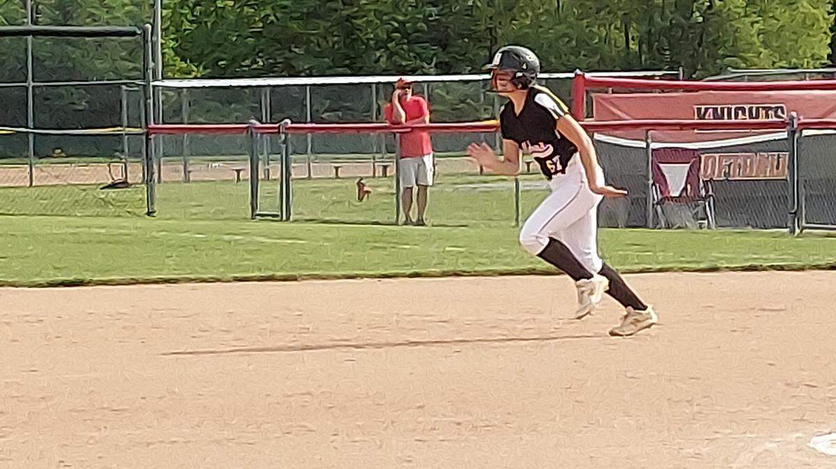 Highland’s Maci Miles takes off for second base during a Mississippi Valley Conference game against host Triad earlier this spring. Miles posted two hits and scored twice during a 7-1 win against Mount Vernon in the IHSA Class 3A Centralia Sectional semifinals.
