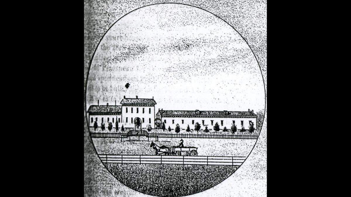 This sketch appeared in the 1881 “History of St. Clair County, Ill.” It shows a horse-drawn wagon passing St. Clair County Poor Farm and Hospital.