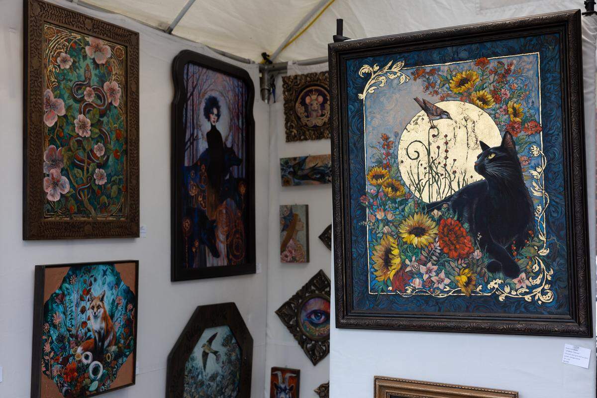 Paintings by Greta Sandquist, who won Best in Category, during 2026’s first day of Art on the Square.