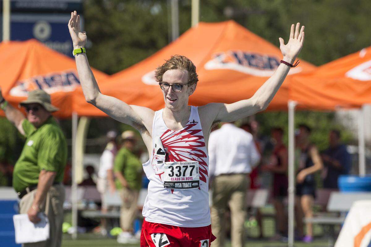 May 25, 2019 - Charleston, IL - Granite City’s Andrew O?Keefe after winning the Class 2A 1600-Meter Run Final race at the IHSA Track and Field State Finals on Saturday. [Photo: Chris Johns]