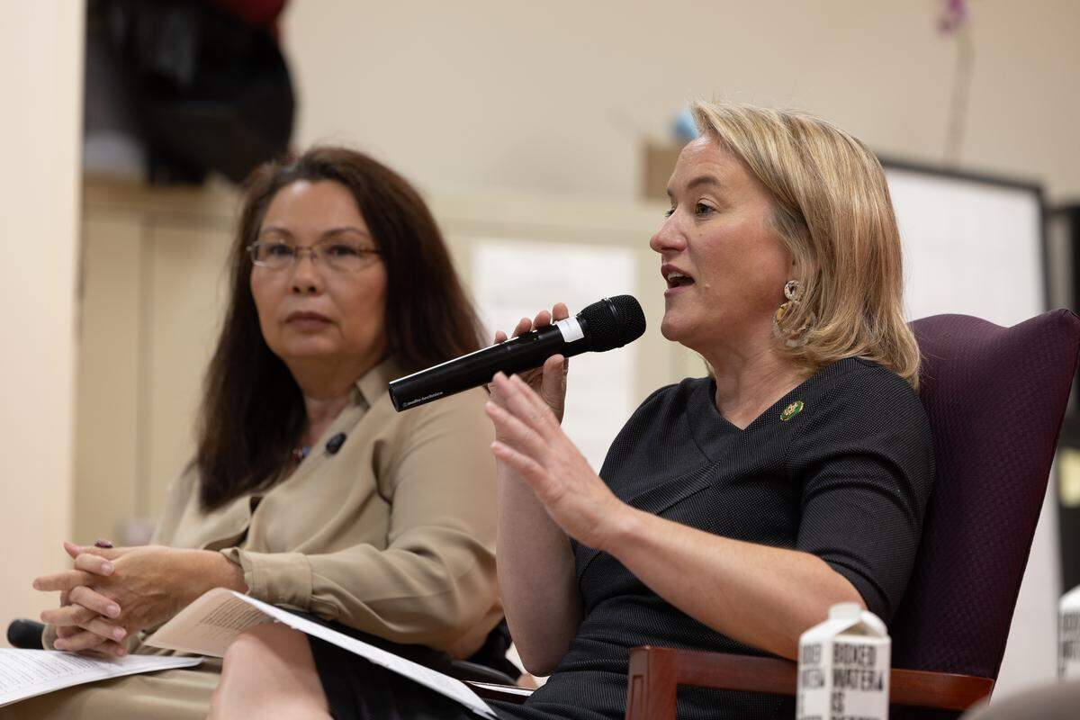 U.S. Rep. Nikki Budzinski and U.S. Sen. Tammy Duckworth speak about ongoing work to address broken infrastructure in Cahokia Heights during a visit to the community Friday, Sept. 12, 2025.