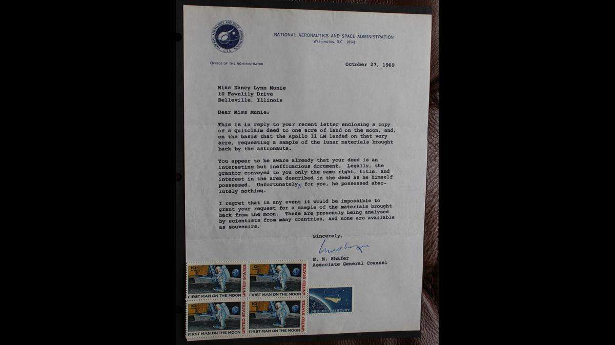 A NASA representative sent this letter to Nancy Munie in 1969, turning down her request for samples from the moon’s surface, noting they weren’t available as “souvenirs.”