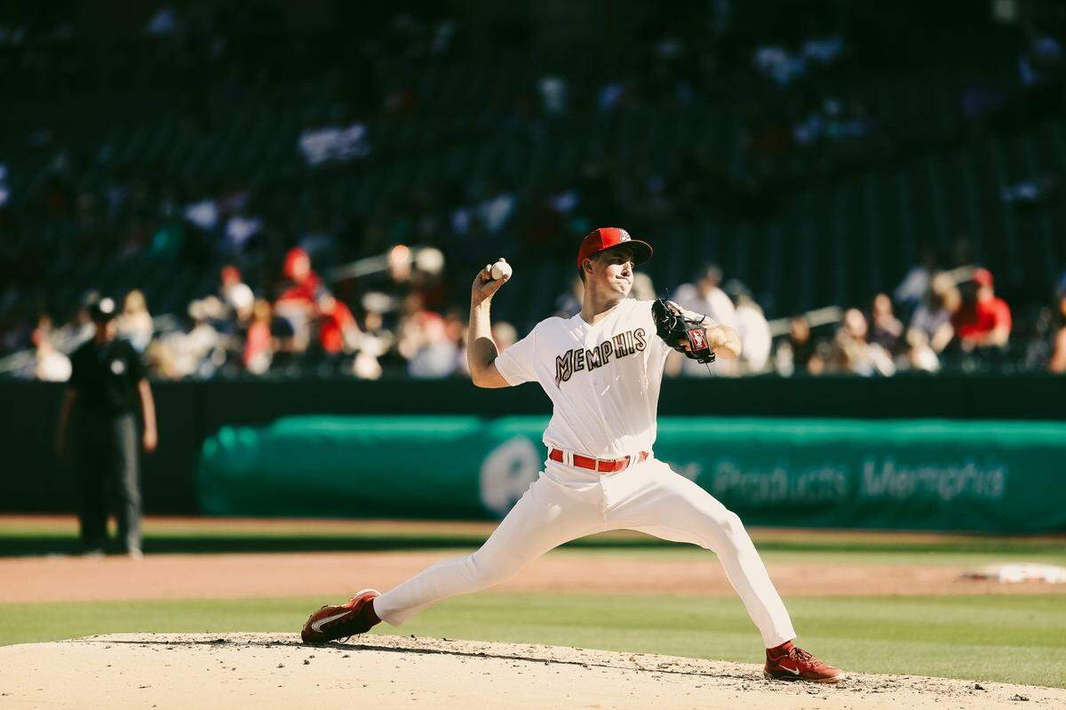 Memphis Redbirds' pitcher Michael McGreevy (29) throws the ball during the opening day game against the Charlotte Knights on Friday, March 29, 2024 at AutoZone Park in Memphis, Tenn.