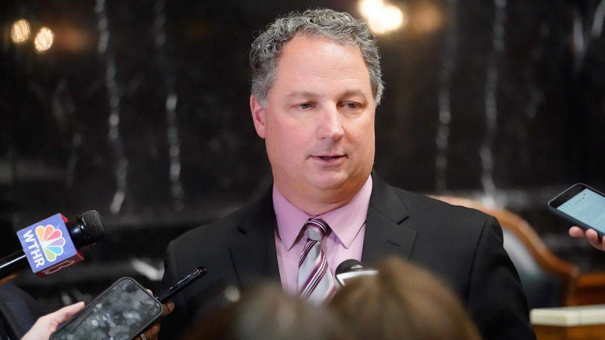 Indiana State Representative, Todd Huston, R-Fishers answers press questions after a House session on Thursday, Jan. 25, 2024, at the Indiana Statehouse in Indianapolis.