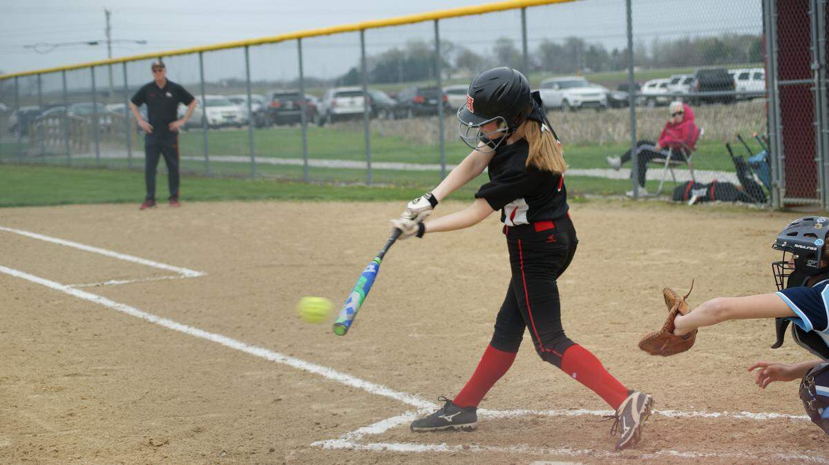 Highland senior Hannah Sullens connects for an RBI single in the second inning of the Lady B ulldogs' 10-1 home victory over Jerseyville on Wednesday, April 25.