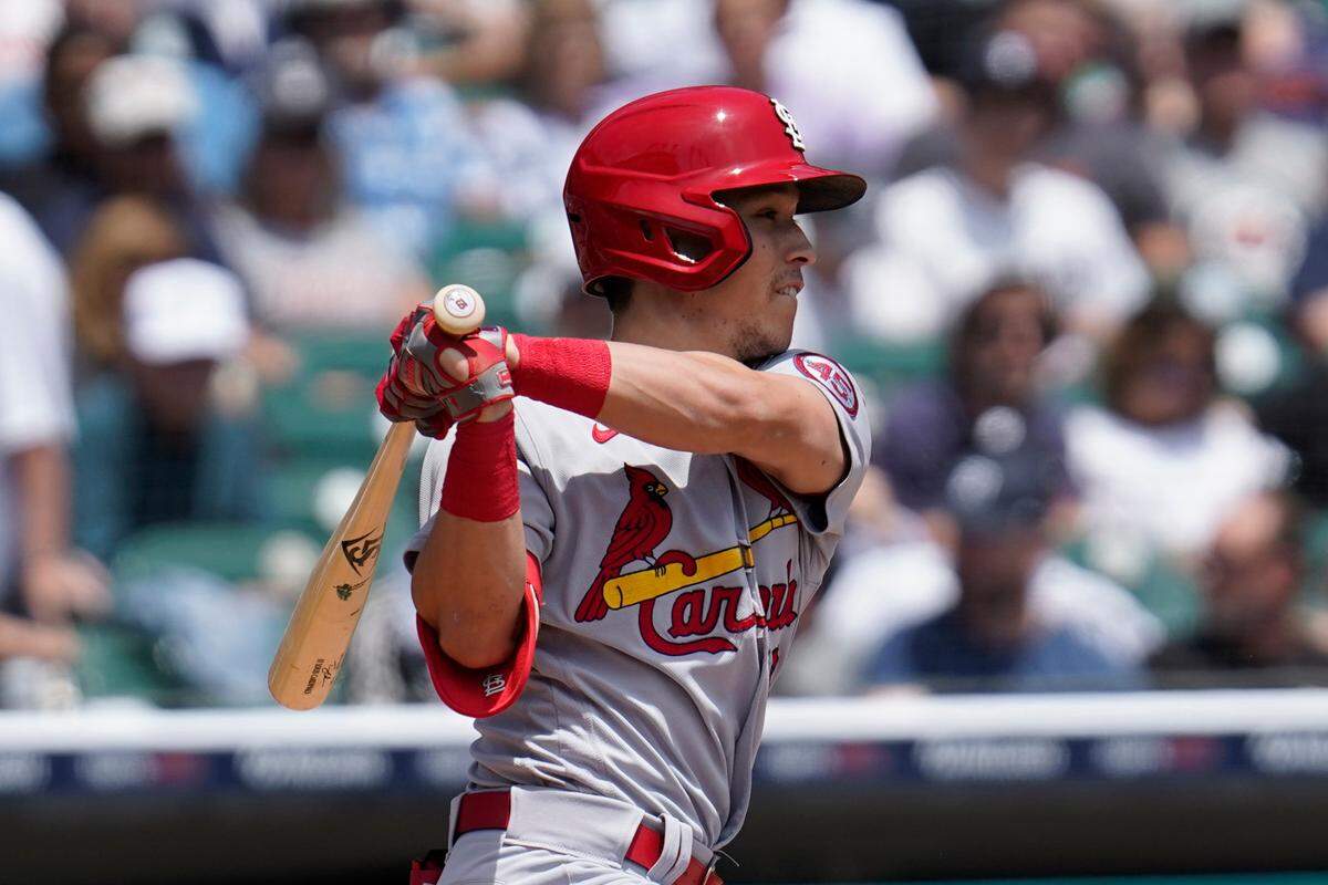 St. Louis Cardinals’ Tommy Edman hits a one-run single against the Detroit Tigers in the third inning of a baseball game in Detroit, Wednesday, June 23, 2021. (AP Photo/Paul Sancya)