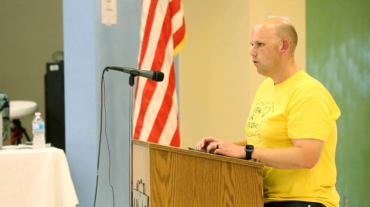 Parent and Speak for Students co-founder Ryan Cunningham speaks during the Triad school district board meeting.