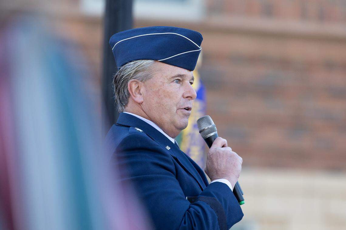 Ret. U.S. Air Force Brigadier General John E. Michel speaks to a crowd during Belleville’s 26th annual Veterans Day ceremony on Nov. 11, 2024. “Veteran’s Day isn’t just a great day to reflect, it’s also a great day to celebrate young people whoa are the future and those who are going to march forward,” Michel said.