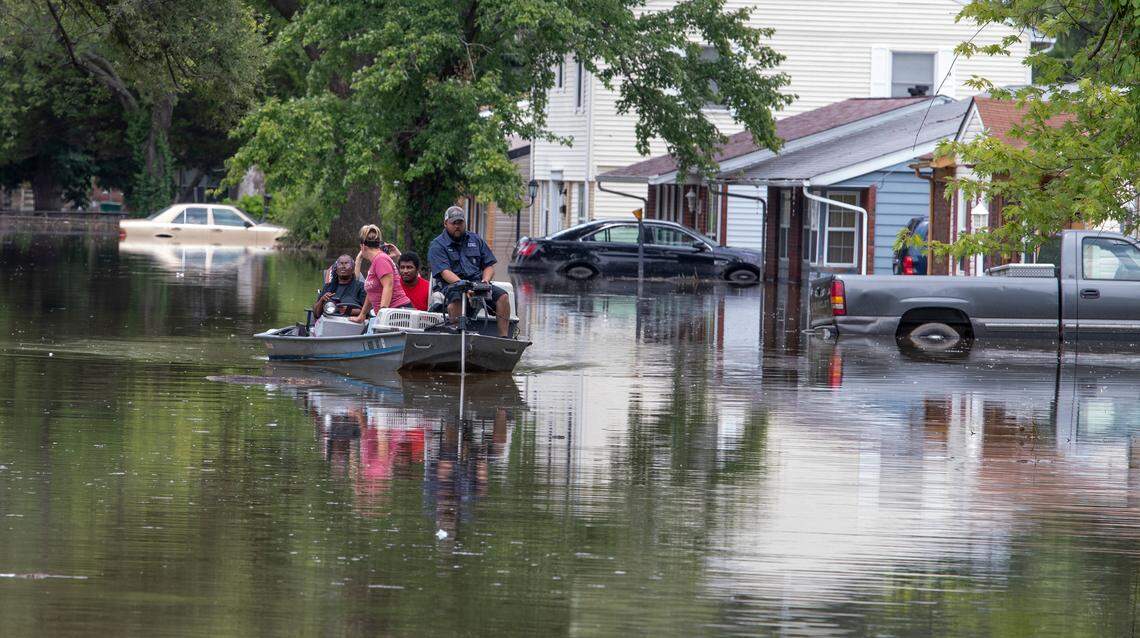 Gateway Pet Guardians used a boat to help pet owners rescue two cats and dog from their home on Terrace Dr. in East St. Louis. The pets have been trapped in the home since the owners were forced out due to rising flood waters that still remain.