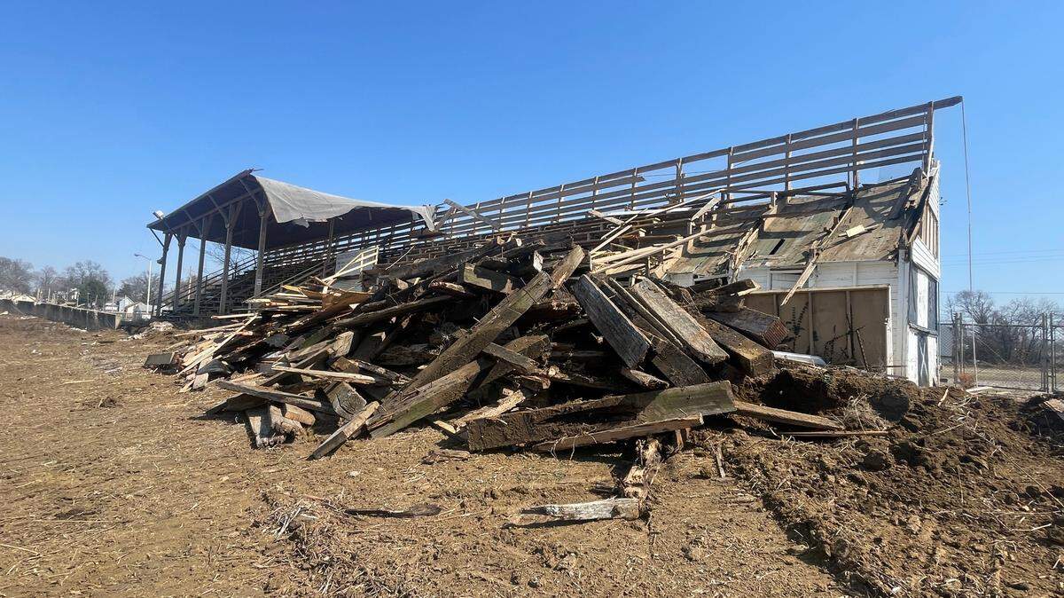 Crews began demolishing the old Belle-Clair Speedway grandstands and clearing the racetrack on March 13, 2025.
