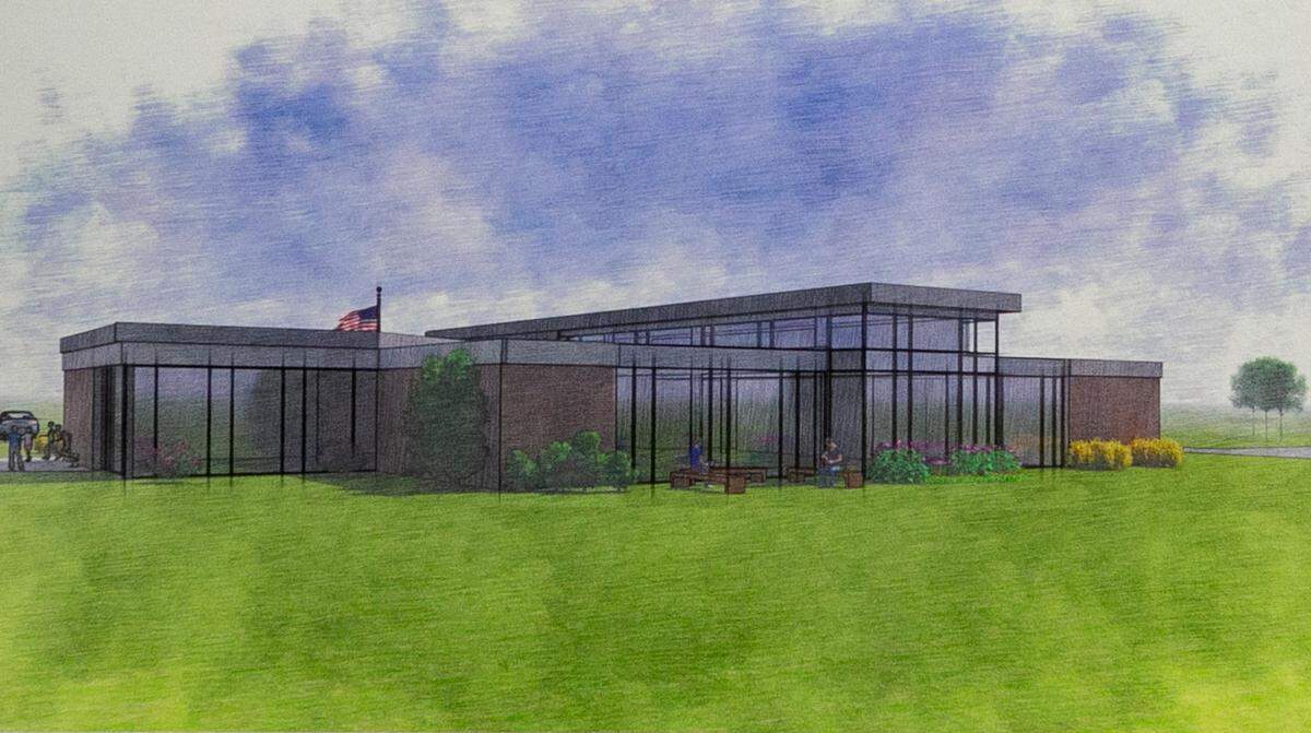 This artist’s rendering shows the proposed new Millstadt Library building, which would be a 9,800-square-feet, masonry and glass structure.