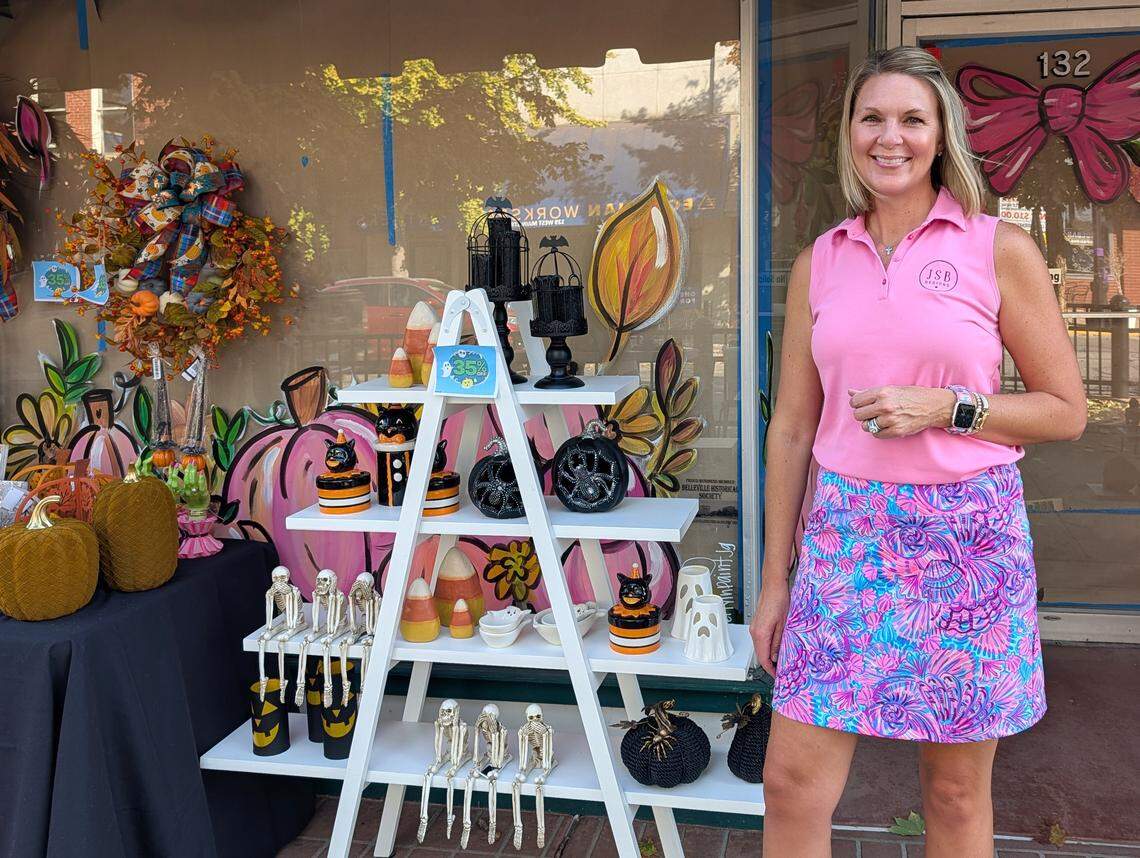 Jill Geoppo, owner of Blush Home Décor by JSB Designs, stands next to a display of Halloween decorations prior to the Downtown Belleville Witches Brew Walk in October.