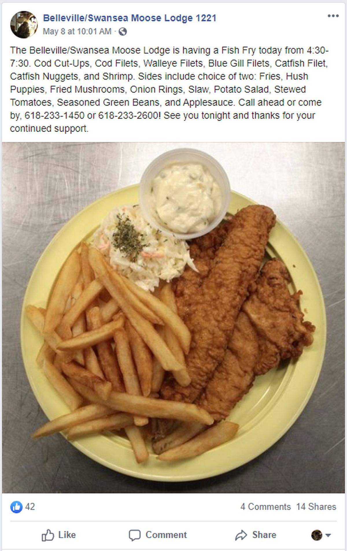 The Belleville/Swansea Moose Lodge will again hold its weekly fish fry for carry-out orders.