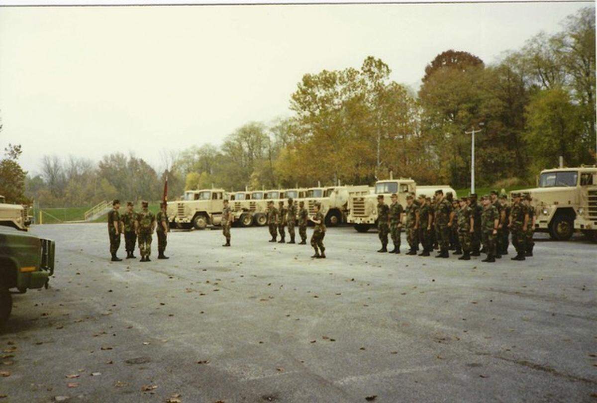 U.S. Army reservists in the 657th Transportation Detachment do training exercises outside the Pfc. Raymond Gantner Army Reserve Center in Belleville in the 1990s.
