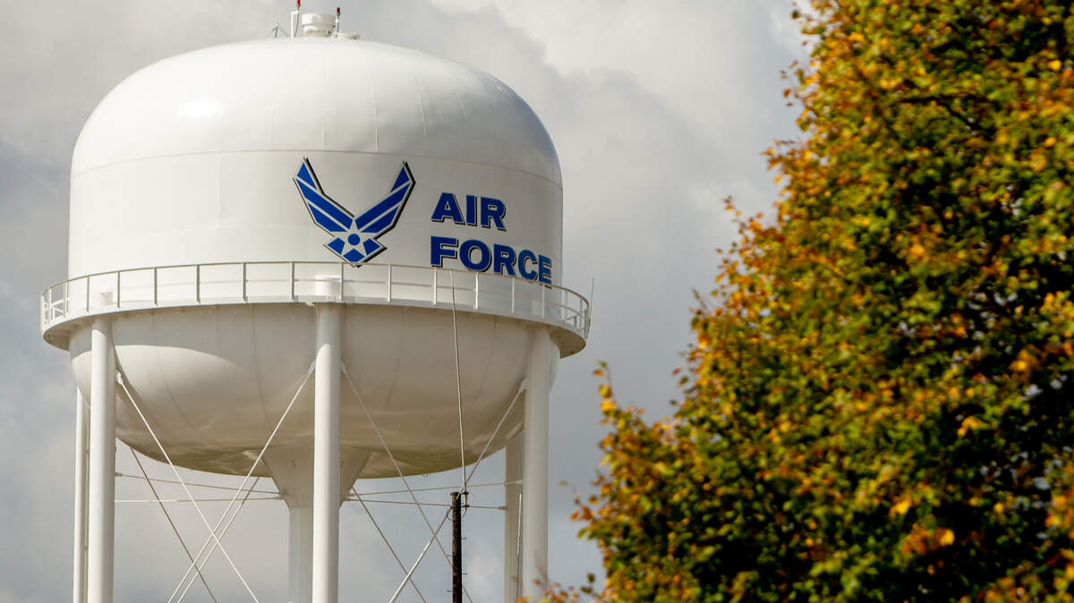 A water tower with the Air Force’s logo on Friday, Oct. 7, 2022, at Scott Air Force Base near O’Fallon, Ill.