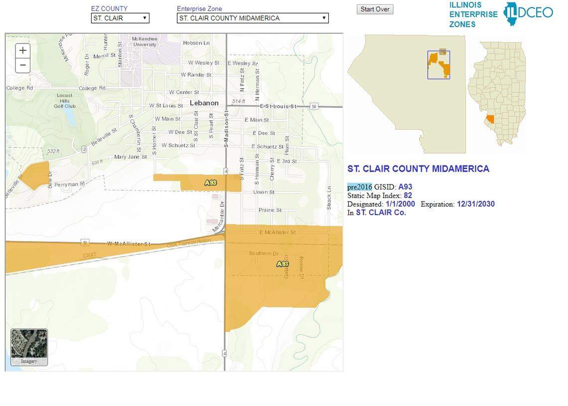 This map shows where a small portion of the St. Clair County MidAmerica Enterprise Zone is located in Lebanon.