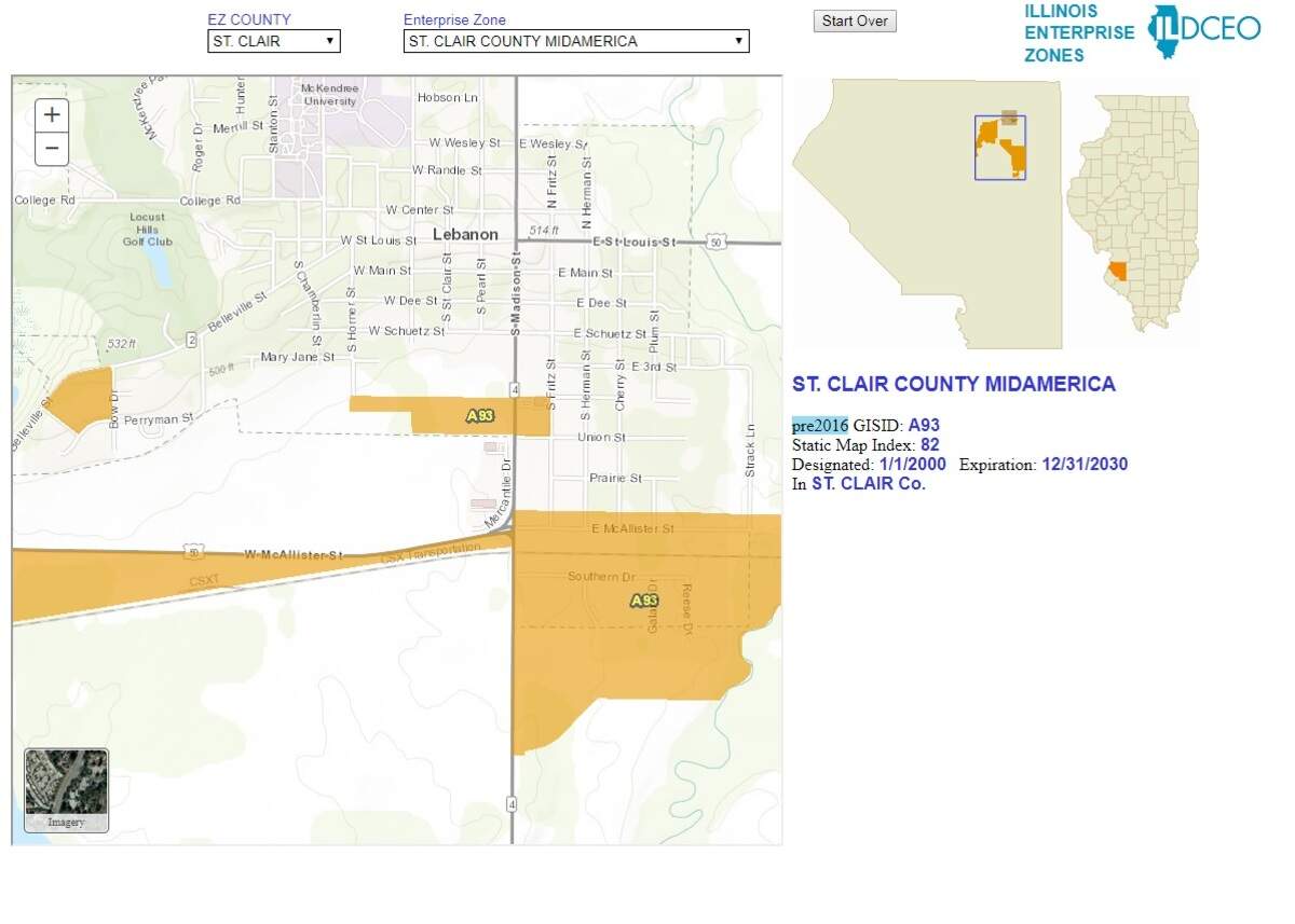 This map shows where a small portion of the St. Clair County MidAmerica Enterprise Zone is located in Lebanon.