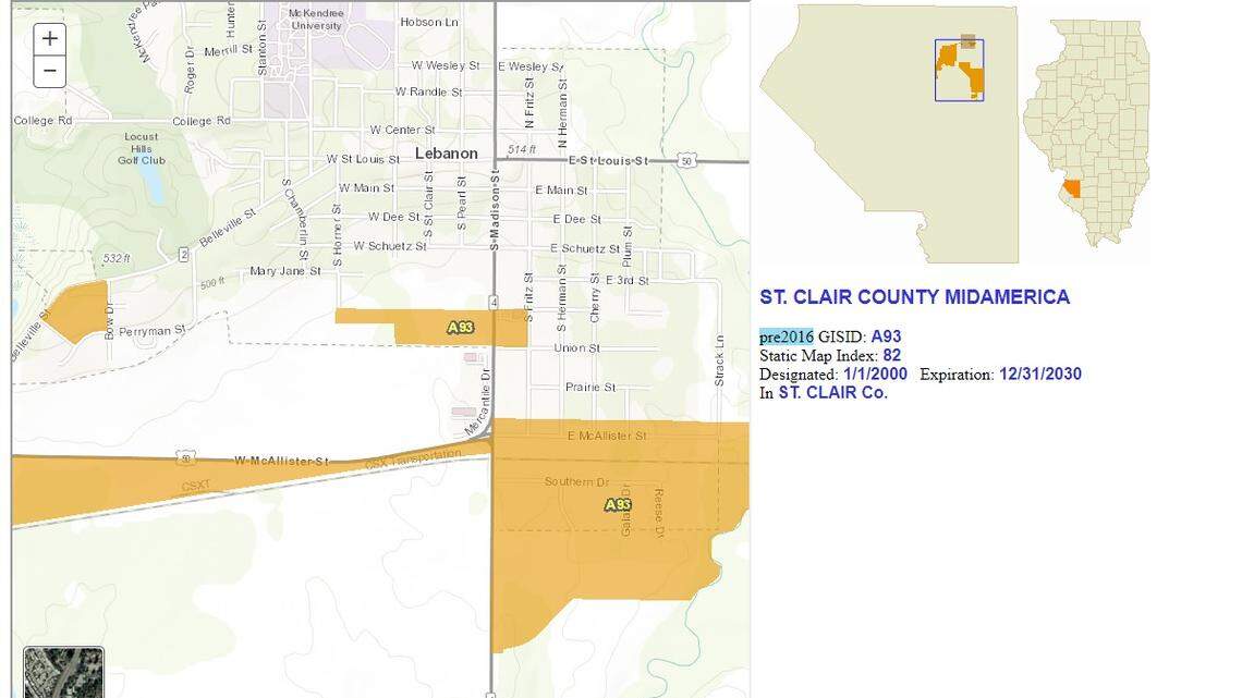 This map shows where a small portion of the St. Clair County MidAmerica Enterprise Zone is located in Lebanon.