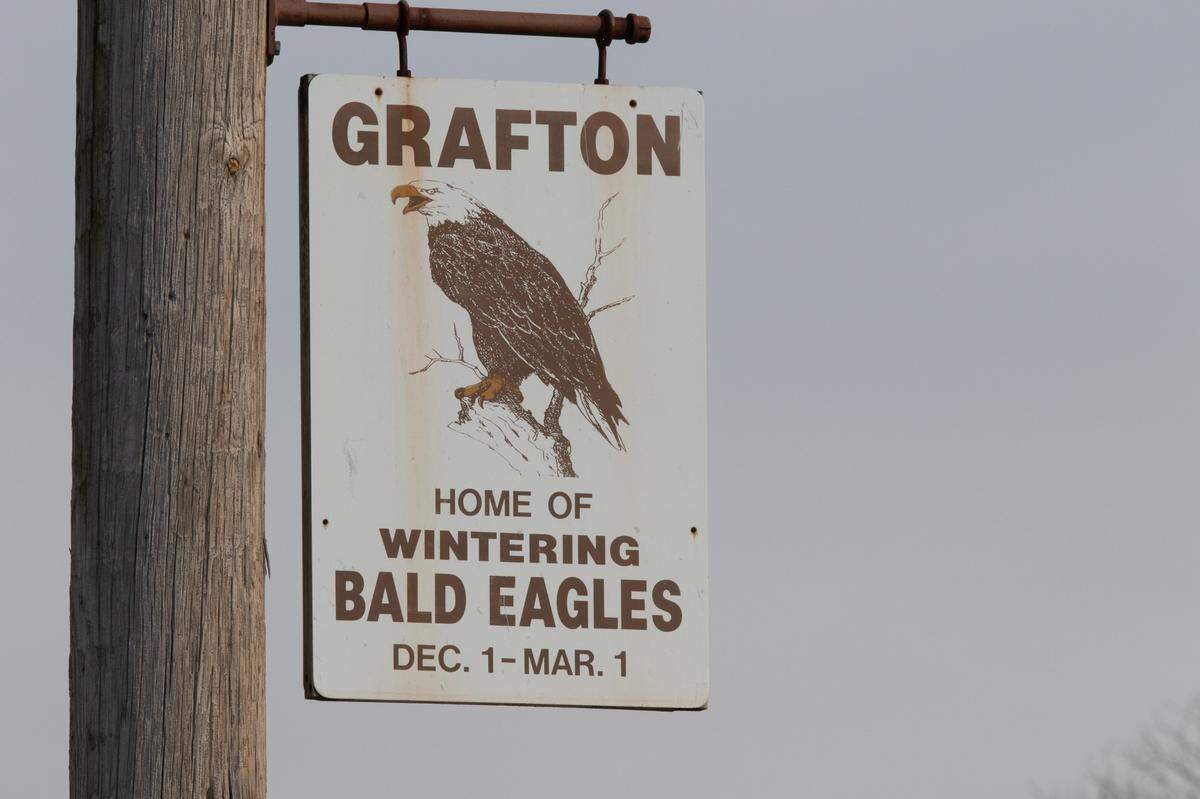 A sign in Grafton, Ill. displaying their pride as a resting place for nesting winter eagles on Jan. 23, 2025.