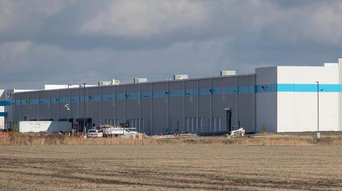 The Amazon warehouse in Edwardsville where six workers died when a tornado tore through part of the building in December 2021. This section was damaged during the storm and construction to rebuild it is wrapping up.